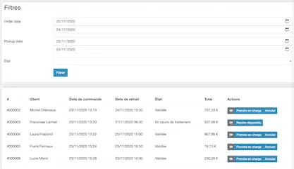 Capture d'écran de la gestion des commandes